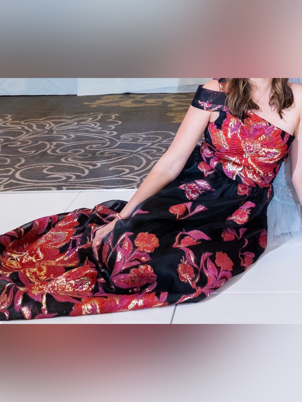 One-Shoulder Marchesa Notte Dress with Floral Embroidery & Sheer Overlay